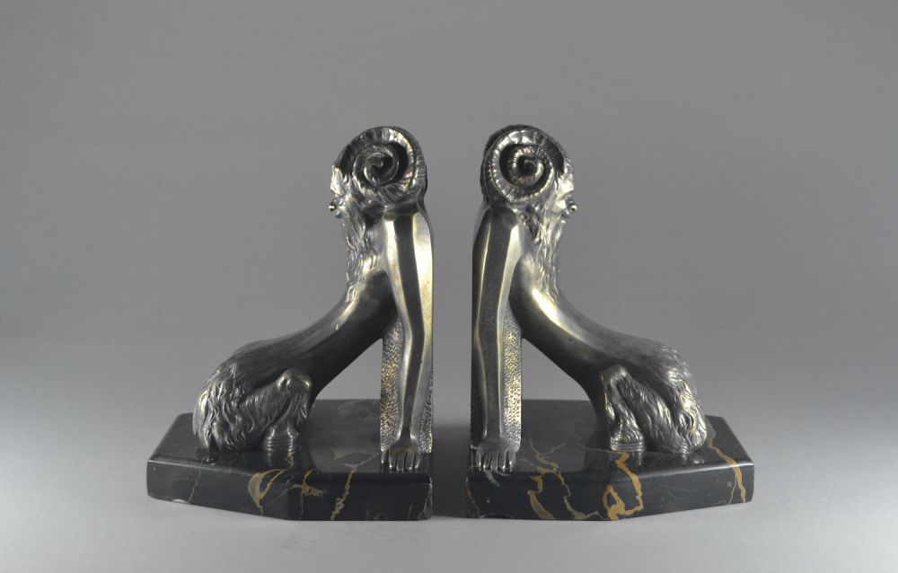 Pair of art deco bronze bookends with fauns. Signed