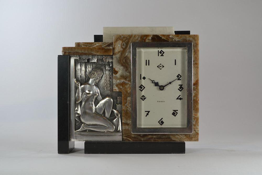 Cubist clock, silver plated bronze marble onyx