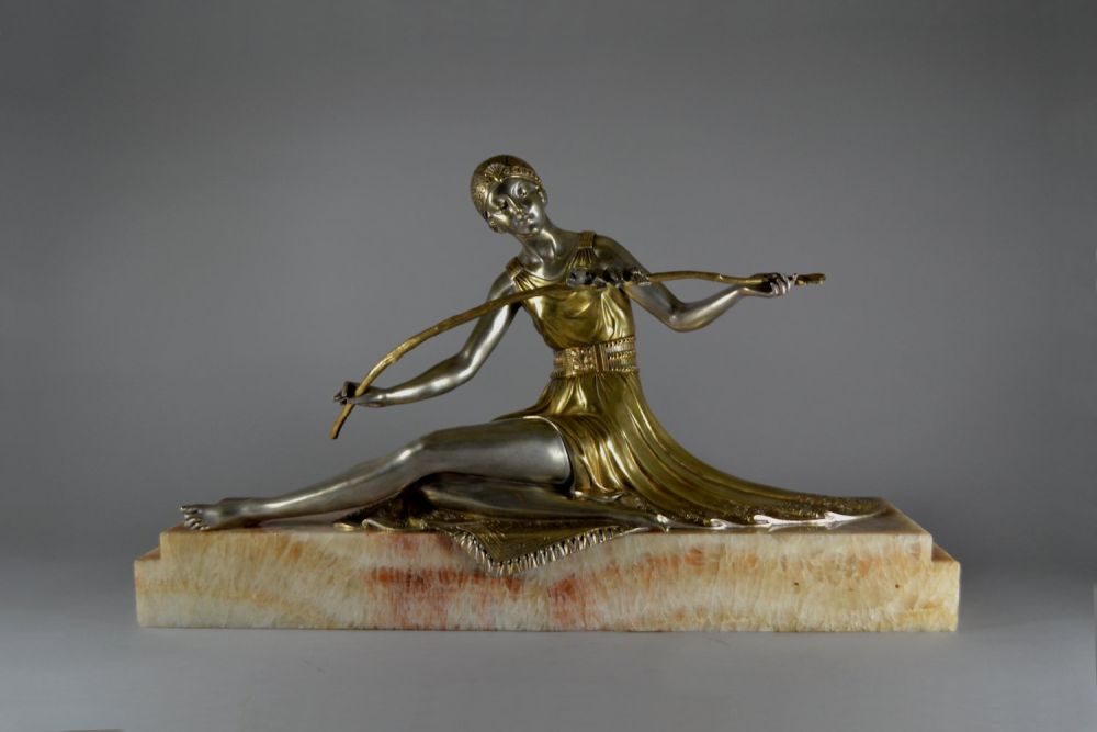 Joe Descomps large art deco bronze. Lady with birds