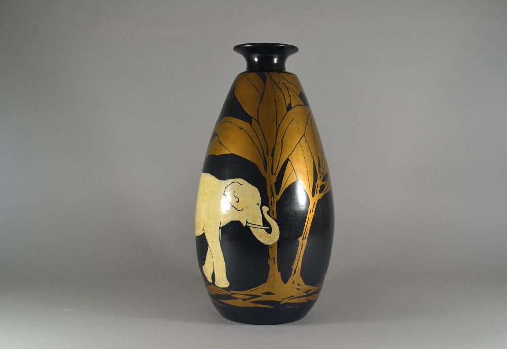 Louis GIRAUD art deco tall vase with elephants