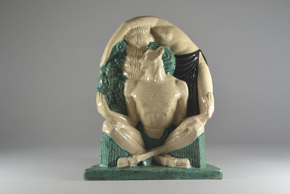 Pierre Le Faguays for Edouard Cazaux, Satyr and Bacchante ceramic