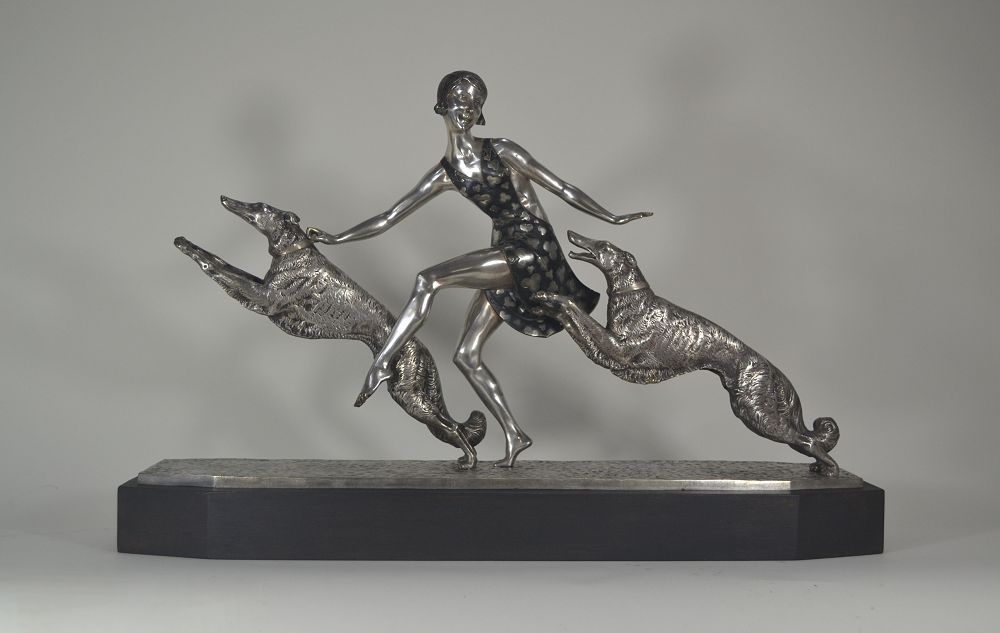 J. Lormier art deco large bronze Lady with greyhounds