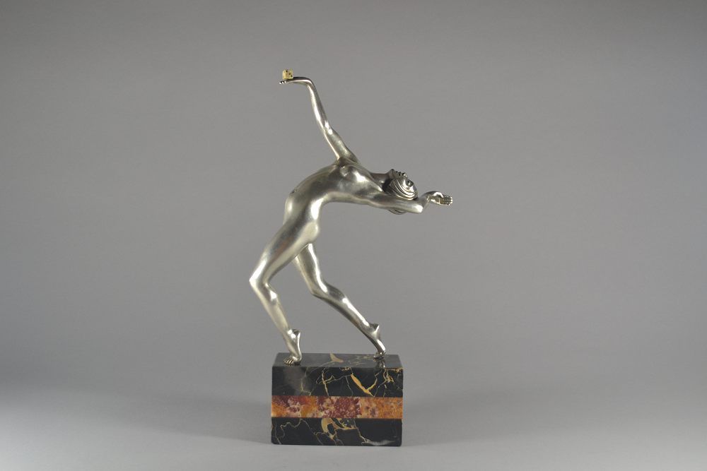 Mercery, art deco silver plated bronze dancer. Flapper.