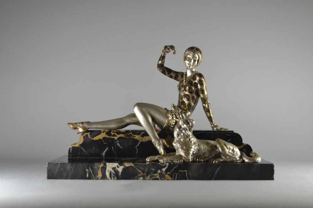 Henri MOLINS. Art deco bronze sculpture. Lady with greyhound.