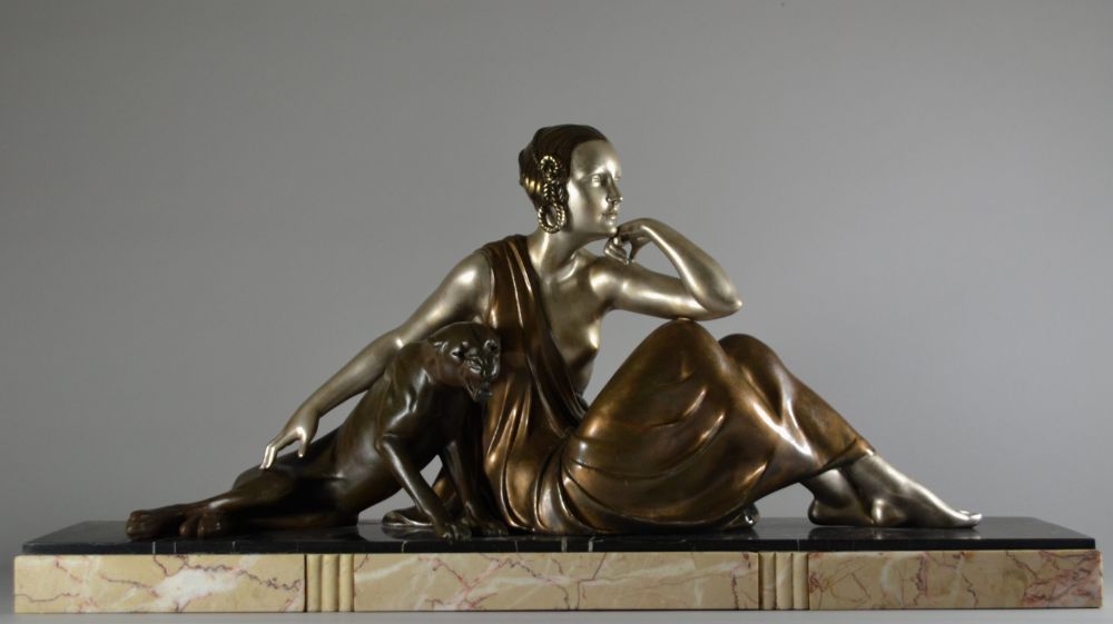 A. Godard large art deco 1925 group. Lady with panther
