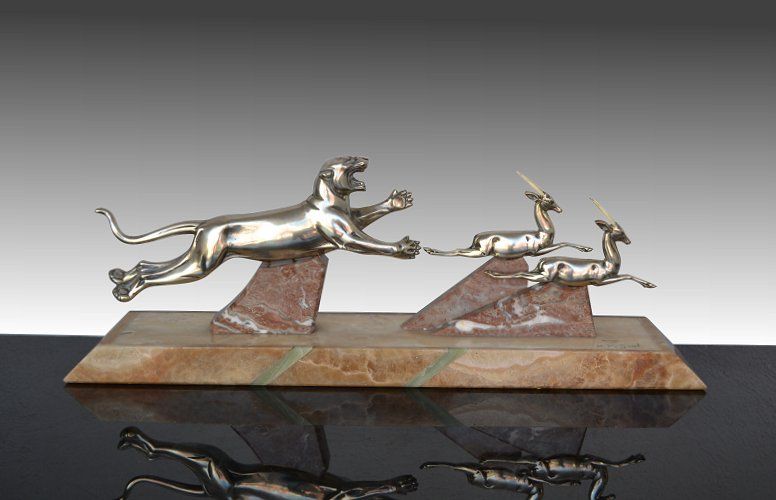 Art deco bronze Panther and deers group signed Gual
