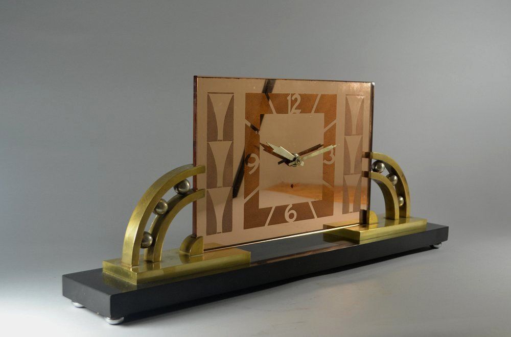 Large modernist bronze and marble clock