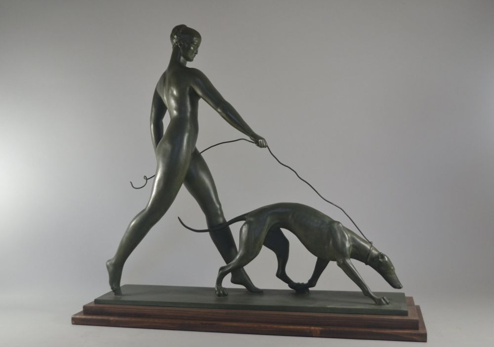 Raymond Leon RIVOIRE Iconic lady with greyhound bronze group