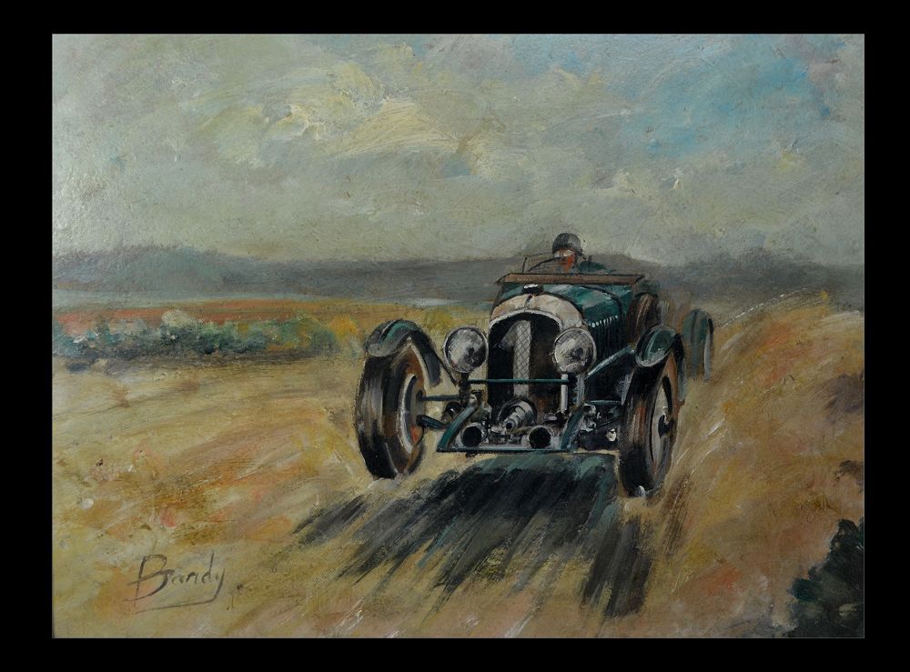 Oil on panel. 1920 race car. Signed 