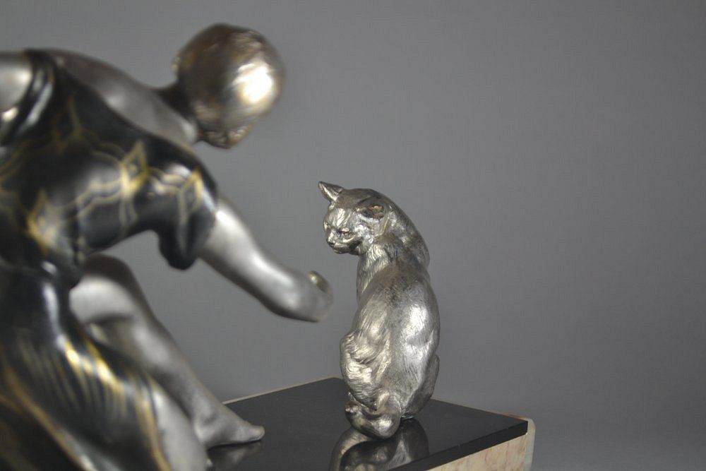 Bronze Girl with Cat Sculpture