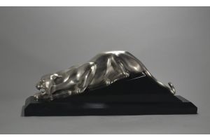 GEORGES LAVROFF 'CROUCHING TIGER' A SILVER PLATED BRONZE SCUPTURE