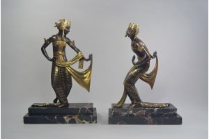 Godard ? Colinet ? Balinese Dancer. Incredible bronze pair. Dinanderie patina