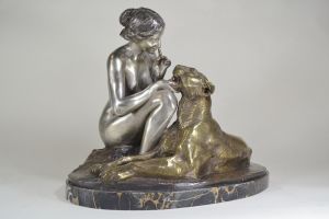 Jean Magrou large art deco bronze group. Lady with panther