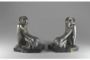 Pair of art deco bronze bookends with fauns. Signed