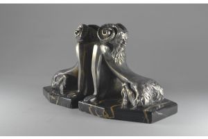 Pair of art deco bronze bookends with fauns. Signed