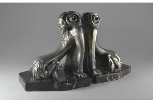 Pair of art deco bronze bookends with fauns. Signed