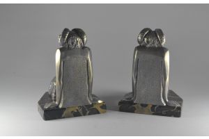 Pair of art deco bronze bookends with fauns. Signed