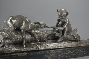 Ary Bitter. Faun and deer on a tree trunk bronze group. 1925