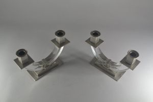 Modernist bronze and cristal candelabras pair. Jacques Adnet (attr.)
