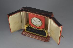 Circa 1935 Cartier art deco clock. Bronze, lacquer, Lapis Lazuli