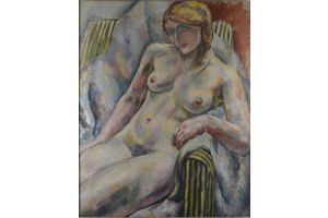 Augustin Carrera (1878-1952) large oil painting on canvas. Nude lady in an armchair.