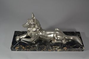 Petrilly. Art deco silver plated bronze of a shepherd