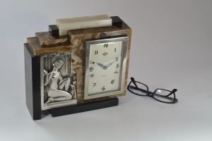 Cubist clock, silver plated bronze marble onyx