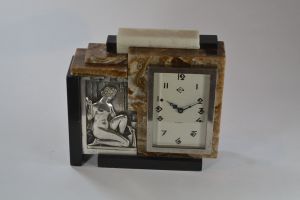 Cubist clock, silver plated bronze marble onyx