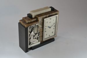 Cubist clock, silver plated bronze marble onyx