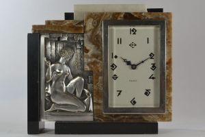 Cubist clock, silver plated bronze marble onyx