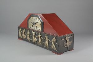 Art deco silver plated and lacquered bronze clock with dancer farandole