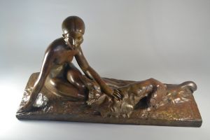 Georges Coste large art deco bronze sculpture. Lady with borzoi