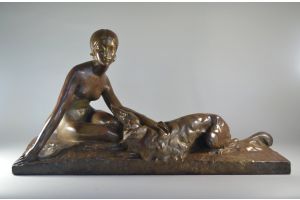 Georges Coste large art deco bronze sculpture. Lady with borzoi