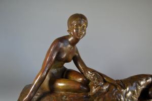 Georges Coste large art deco bronze sculpture. Lady with borzoi