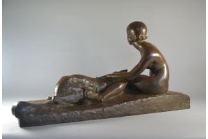 Georges Coste large art deco bronze sculpture. Lady with borzoi