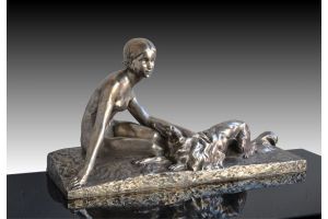 Georges Coste art deco bronze Lady with borzoi
