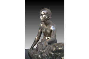 Georges Coste art deco bronze Lady with borzoi