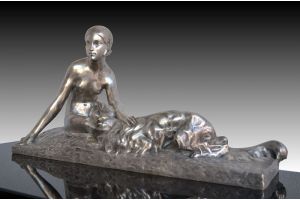 Georges Coste art deco bronze Lady with borzoi