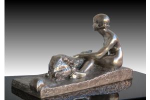 Georges Coste art deco bronze Lady with borzoi