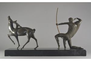 Michel DECOUX rare bronze group. Hunter and deer