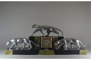 M.DECOUX  large art deco clock with 3 bronze panthers