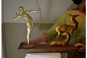 Bronze art deco Diana huntress and deers. 