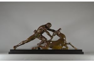 Ghanu Gantcheff large art deco bronze group. Man and antelope.