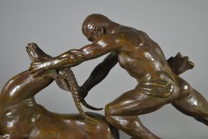 Ghanu Gantcheff large art deco bronze group. Man and antelope.