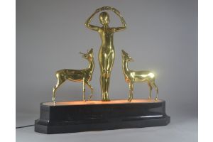 Zoltan Kovats art deco gilded bronze lighted figural group. Lady and deers. 