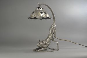 Unusual bronze table lamp with cat