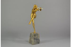Rare Pierre Le Faguays gilded bronze sculpture. Dancer with pipes