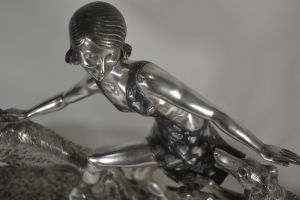 J. Lormier art deco large bronze Lady with greyhounds