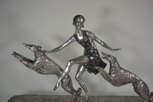J. Lormier art deco large bronze Lady with greyhounds