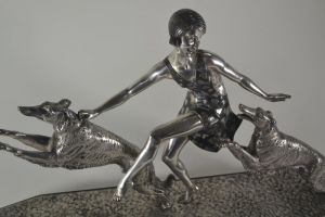 J. Lormier art deco large bronze Lady with greyhounds